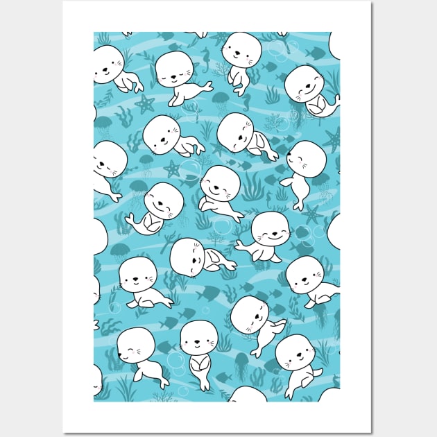 Kawaii Seals in Water Wall Art by UniFox